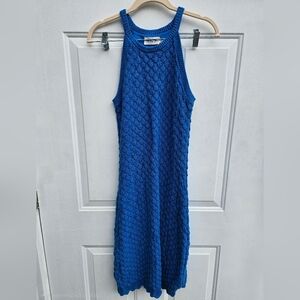 Eliza J Blue Knit Lined Halter Maxi Dress Bodycon Fitted Wedding Size M